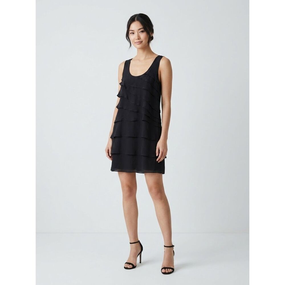 Theory Black Silk Layered Tiered Ruffle Scoop Neck Mini Dress Sz 6